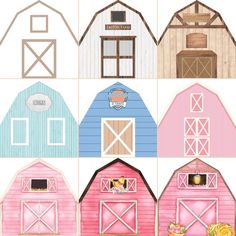 paper farm animals and barn cut outs are shown in four different colors, including pink, blue, green, yellow