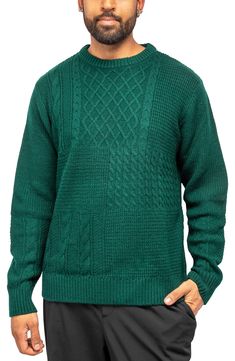 Mixed knits texture this contemporary crewneck pullover sweater that's both stylish and comfy. 27" length (size Medium)
 Crewneck
 Long sleeves Slips on over head Ribbed trim 100% acrylic Dry clean Imported Model stats: 6'0" height; 32" waist. Model is wearing size Medium. Green Knit Sweater With Crew Neck, Green Knit Crew Neck Sweater, Green Crew Neck Sweater, Winter Crew Neck Sweatshirt With Knit Fabrication, Crew Neck Knit Sweatshirt, Crew Neck Textured Knit Sweatshirt, Textured Knit Crew Neck Sweater, Textured Knit Crew Neck Sweatshirt, Green Crew Neck Sweater For Layering