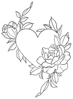 a heart with flowers on it and leaves around the edges is outlined in black ink