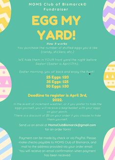 an easter egg hunt flyer for mom's club of blimakers eggs my yard