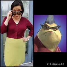 an image of a woman wearing glasses next to a photo of the same person in her costume