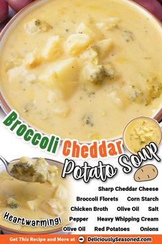 broccoli cheddar potato soup recipe in a bowl with text overlay