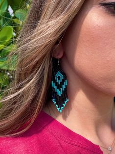 Turquoise Chandelier Earrings, Native Beaded Earrings, Handmade Dangle Earrings, Long Aqua Earrings, Beaded Fringe Earrings, Gift for Her Turquoise Dangle Beaded Earrings For Pierced Ears, Turquoise Beaded Dangle Chandelier Earrings, Turquoise Beaded Long Drop Earrings, Native Beaded Earrings, Turquoise Chandelier, Diy Beading, Aqua Earrings, Beads Art, Handmade Dangle Earrings