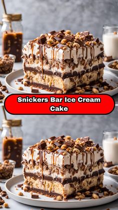 two pictures showing the same layer of ice cream cake with chocolate and nuts on top