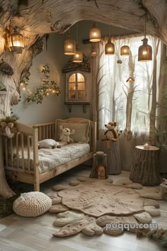 a room with a bed, rugs and lights in the ceiling is decorated like a tree trunk