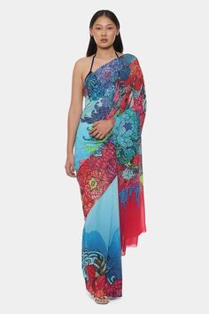 Powder blue crepe saree with all over multi color psychedelic floral print and contrast pallu border. Comes with running blouse piece. - Aza Fashions Festive Multicolor Georgette Blouse Piece, Summer Multicolor Pre-draped Traditional Saree, Fusion Style Multicolor Saree For Navratri, Multicolor Printed Blouse Piece For Festivals, Festive Multicolor Printed Blouse Piece, Multicolor Saree With Unstitched Blouse For Summer, Multicolor Georgette Saree For Navratri, Bollywood Style Multicolor Georgette Saree, Bohemian Multicolor Saree With Unstitched Blouse