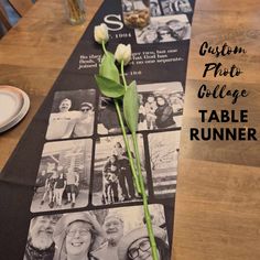 a table runner with flowers and photos on it