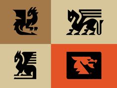 four different types of logos in black, orange and brown colors with an image of a dragon