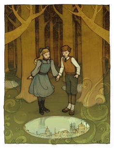 an illustration of two people standing in front of some trees and looking at each other