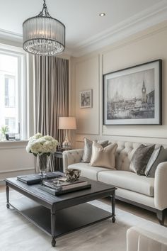 a living room filled with furniture and a chandelier hanging from the ceiling next to a window