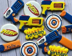 *This listing is for one dozen (12) nerf gun sugar cookies. Designs will be random cookies unless you specify what design would you like to receive !!! Description: Hand rolled, hand cut and hand decorated sugar cookies. You will love these delicious sugar cookies decorated with royal icing and edible images. This can be customized to your event, please specify during checkout or contact me to create your own custom order. *Each cookie will be bagged in a clear cellophane bag My cookies are bake Nerf Party Food, Nerf Cake, Cookies Decorated With Royal Icing, Nerf Birthday Party, Nerf Party, Harry Birthday, Yummy Sugar Cookies, Decorated Cookies Tutorial, 5th Birthday Party Ideas