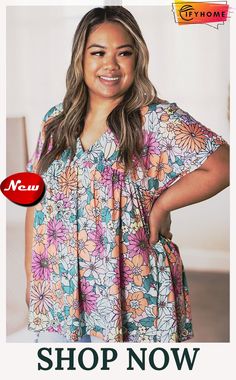 Multicolor Plus Size Summer Floral Print V Neck Blouse Colorful V-neck Blouse For Beach, Colorful V-neck Blouse For Vacation, Vibrant V-neck Blouse For Day Out, Multicolor Floral Print V-neck Blouse, Spring V-neck Top With Colorful Pattern, Summer Multicolor Split Neck Tops, Pink Floral Print Blouse With Split Neck, Multicolor Split Neck Summer Top, Multicolor Split Neck Top For Summer