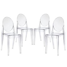 four clear chairs sitting next to each other