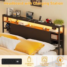 the headboard with charging station is on display