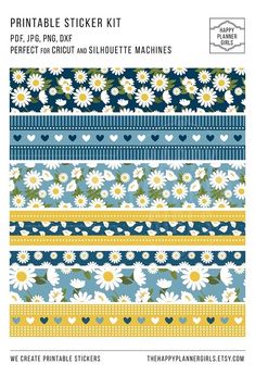 the printable sticker kit includes different patterns and designs, including daisies on blue