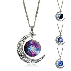 Vintage Galaxy Art  Moon Necklace Silver Earrings Outfit, Picture Pendant Necklace, Moon Accessories, Crescent Moon Jewelry, Galaxy Necklace, Galaxy Pendant, Star And Moon Necklace, Picture Pendant, Crescent Moon Pendant