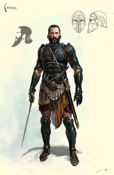 a drawing of a man in armor holding two swords and standing next to an eagle