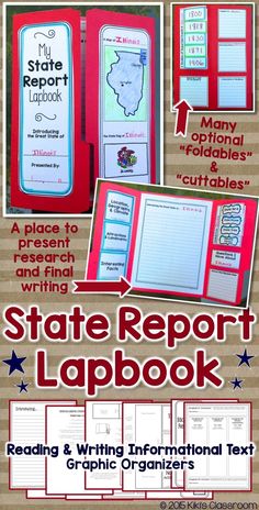 the state report lapbook is shown in red, blue and white with an arrow pointing to