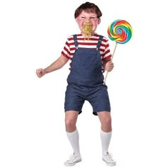 a man in overalls holding a lollipop and making a face with his mouth