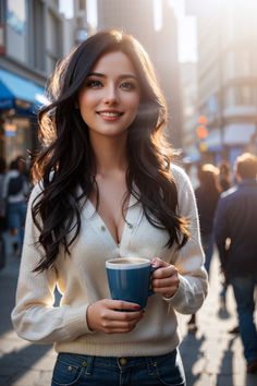 a woman holding a coffee cup in her hands and smiling at the camera with people walking on the street behind her