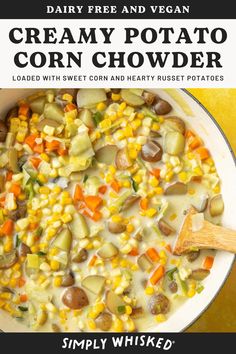 creamy potato corn chowder with sweet corn and hearty roasted potatoes in a white bowl