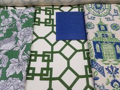 four different fabrics with blue and green designs on them, including one in the middle