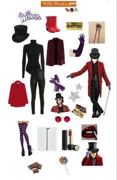 an assortment of costumes and accessories are arranged on a white background with the words wonka above them