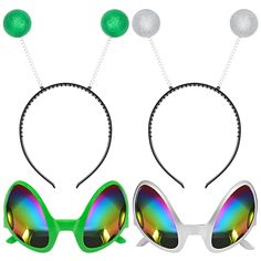 two pairs of green and white sunglasses with ears attached to each other, one has three balls on top of it