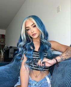 Light Blue Hair Underneath, Peekaboo And Money Piece, Blonde With Blue Hair, Blue Extensions Hair, Blue Peekaboo Highlights, Blue And White Hair, Blonde And Blue Hair, Black To Blonde Hair