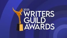 the writer's guild awards logo with an award in front of blue swirls