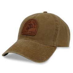 MARINES SEMPER FIDELIS DASHBOARD ADJUSTABLE HAT (CAMEL) 2 Casual Leather Baseball Cap With Flat Bill, Adjustable Brown Leather Baseball Cap, Adjustable Brown Canvas Baseball Cap, Casual Leather Six-panel Baseball Cap, Rugged Distressed Brown Leather Hat, Brown Canvas Baseball Cap, Classic Brown Hat With Waxed Finish, Brown Hat With Waxed Finish And Curved Brim, Brown Waxed Finish Hat With Flat Brim