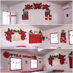 three pictures of christmas decorations hanging from the ceiling and on the wall in front of windows