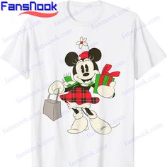 mickey mouse with christmas present t - shirt for kids and adults, available in white or black