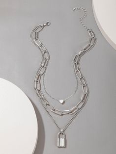 Style: Punk & Grunge.PreppyJewelry Material: Zinc Alloy Heavy Chain Necklace, Triple Chain Necklace, Triple Layer Necklace, Layered Necklaces Silver, Trending Necklaces, Lock Necklace, Layered Necklace, Silver Chain Necklace, Stylish Jewelry