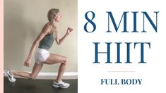 a woman running with the words 8 min hiit