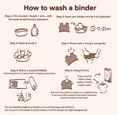 instructions for how to wash a binder on a white background with black and brown images