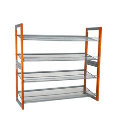 an orange metal shelving unit with four shelves on each side and one shelf above the other