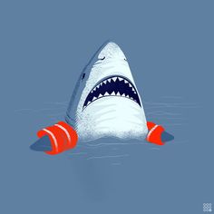 a cartoon shark with an orange cone in the water