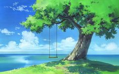 an anime scene with people in the background and one person on a swing near a tree