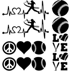 black and white silhouettes of baseball, heart, cross, heartbeat, peace sign