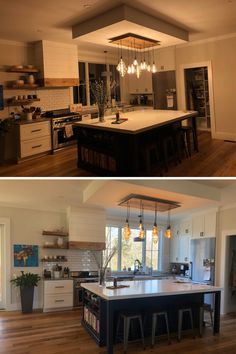 before and after pictures of a kitchen island with lights hanging from it's ceiling