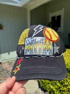 Softball Mom themed Trucker Patch Hat. These are the hottest trend on social media today. Great for festivals, concerts, night life and everyday wear. This foam trucker hat is fully adjustable and offered in hat colors Black, White, Light Pink, Neon Pink, Neon Yellow and Green Camouflage. Custom Hats avail. One size fits all. $35 Small Print: patch, mama, cowboy, hat, faith, rock and Roll, trucker, patch, cap, chain, iron on, sew on, festival, concert, neon, baseball cap, ball hat, chain, vintag Softball Trucker Hat Ideas, Mom Hats, Softball Mom, Hat Ideas, Cow Girl, Neon Yellow, Hottest Trends, Custom Hats, Applique Designs