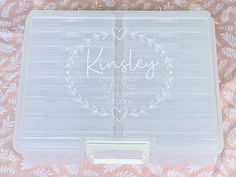 a clear plastic box with a personalized design on the front and bottom, sitting on a pink blanket