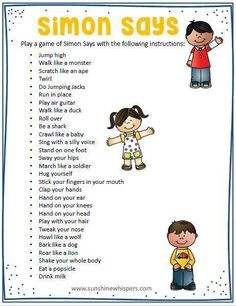 a poster with the words simon says and two children standing next to each other,