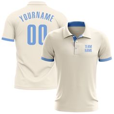 a white polo shirt with blue trims and the name team name 00 on it