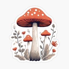 an orange mushroom sticker with leaves and flowers around it, on a white background