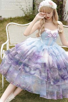 Multi-Color Three-layer Swan Lake Print Oil Painting Ruffle Bowknot S – LolitaInside 8th Grade Dance Dresses, Three Tiered Skirt, Multi Color Dress, Gothic Princess, Purple Color Schemes, Punk Dress, Multicolor Dress, Sweet Lolita, Color Dress