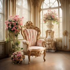 an ornate chair with pink flowers in front of a window