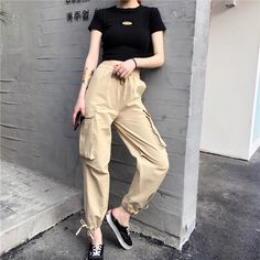 Pants Women 2019 Ankle-Length High Drawstring Waist Solid Pockets Womens Leisure Loose Korean Style Simple All-match Trendy Chic women pants casual, women pants work, women pants suits, women pants suits, women pants short, women pants pattern, carhartt women pants, women pants 2019, women pants 2020, women pants fashion, women pants trousers, women pants jeans #fashion #trends #styles #clothes #fashionista #shopping #dress #women School 90s, 90s Clothing, Chic Pants, Women Fashion Edgy, Trendy Chic, Trik Fotografi, Clothing Inspiration, Girly Fashion, Pants Women