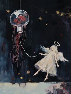 a painting of an angel flying next to a jellyfish in the sky with stars on it